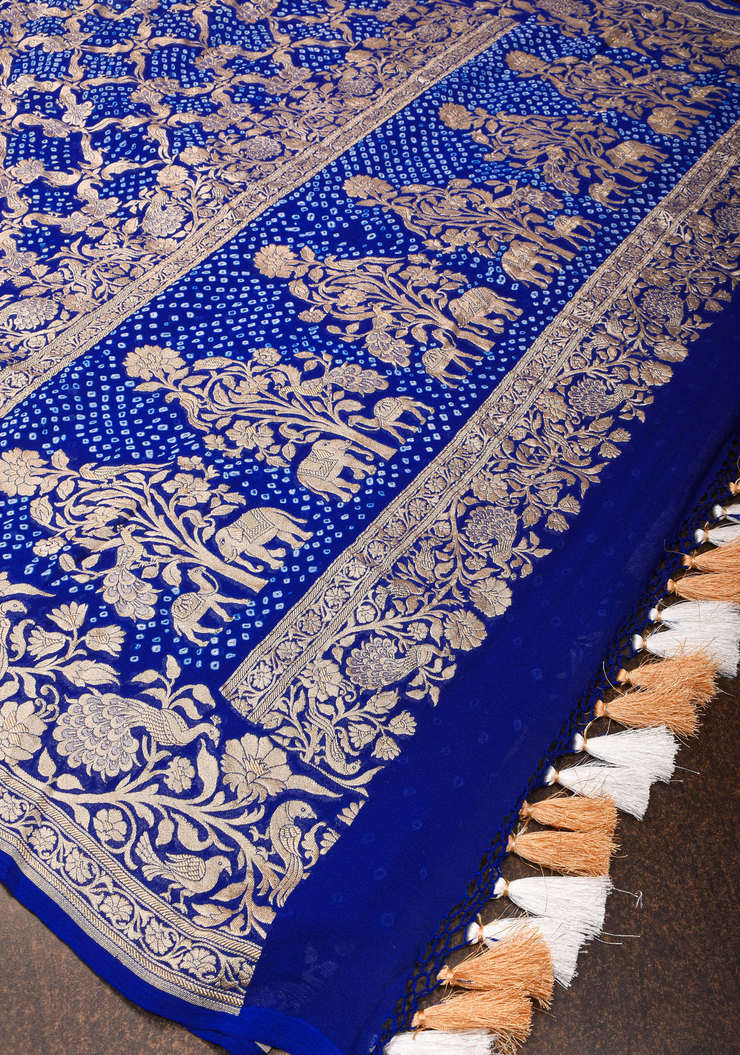 Authentic Hand Bandhej Silk Georgette Saree in Blue with Shikargah Jaal and zari Border| SILK MARK CERTIFIED