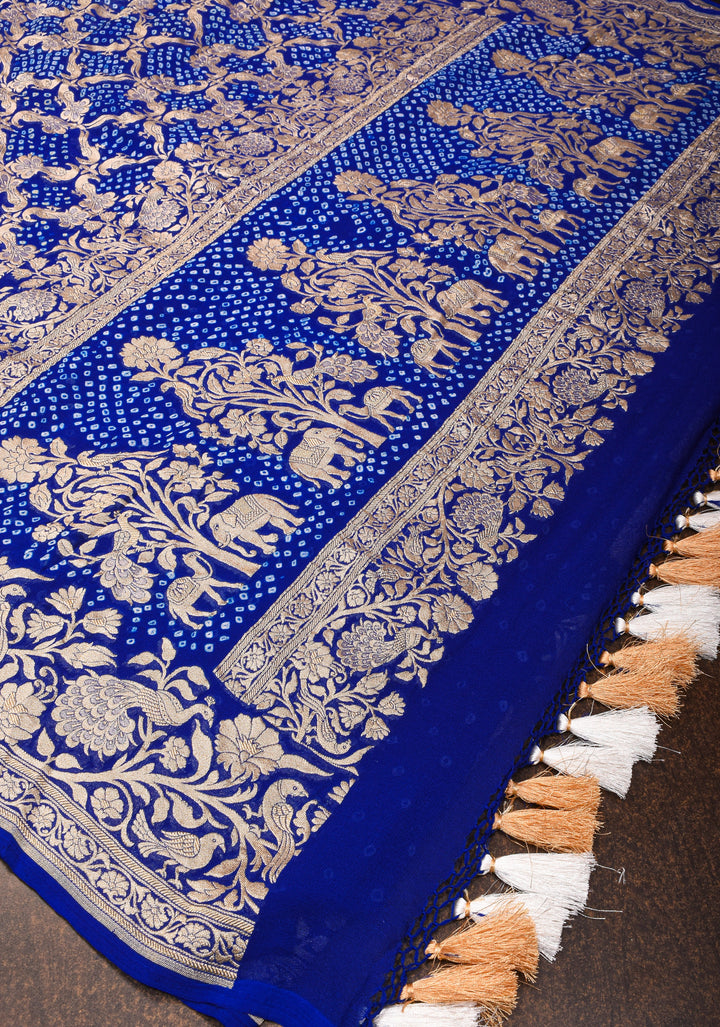 Authentic Hand Bandhej Silk Georgette Saree in Blue with Shikargah Jaal and zari Border| SILK MARK CERTIFIED