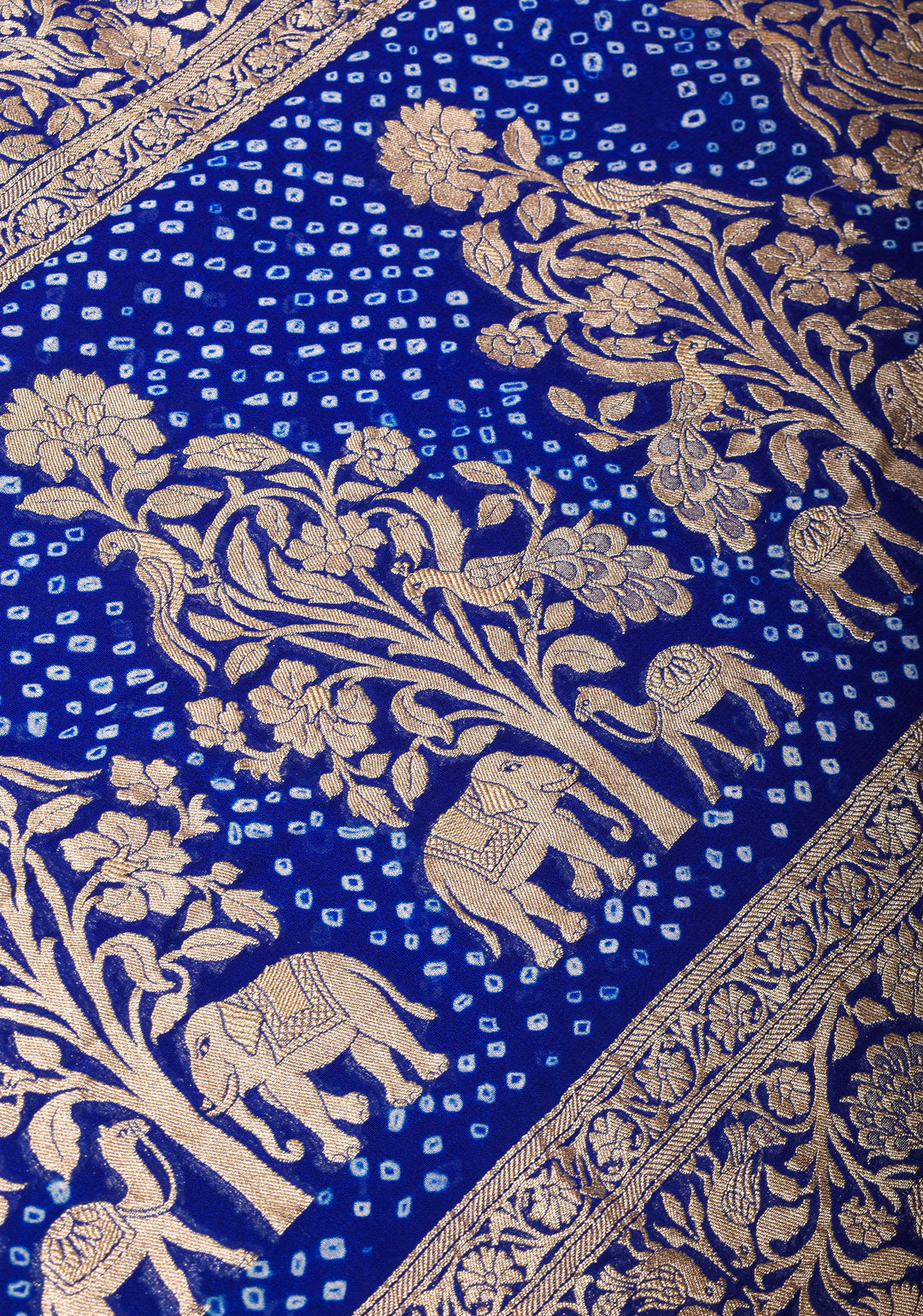 Authentic Hand Bandhej Silk Georgette Saree in Blue with Shikargah Jaal and zari Border| SILK MARK CERTIFIED