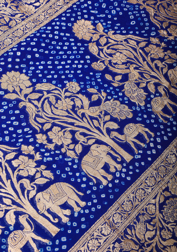 Authentic Hand Bandhej Silk Georgette Saree in Blue with Shikargah Jaal and zari Border| SILK MARK CERTIFIED