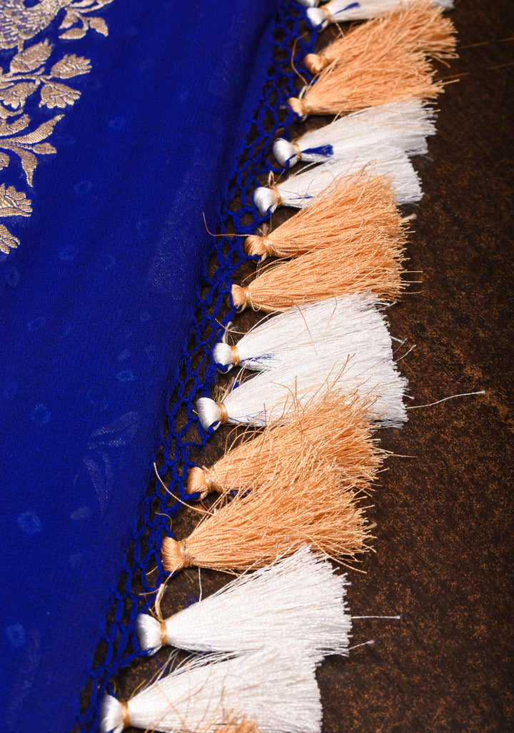 Authentic Hand Bandhej Silk Georgette Saree in Blue with Shikargah Jaal and zari Border| SILK MARK CERTIFIED