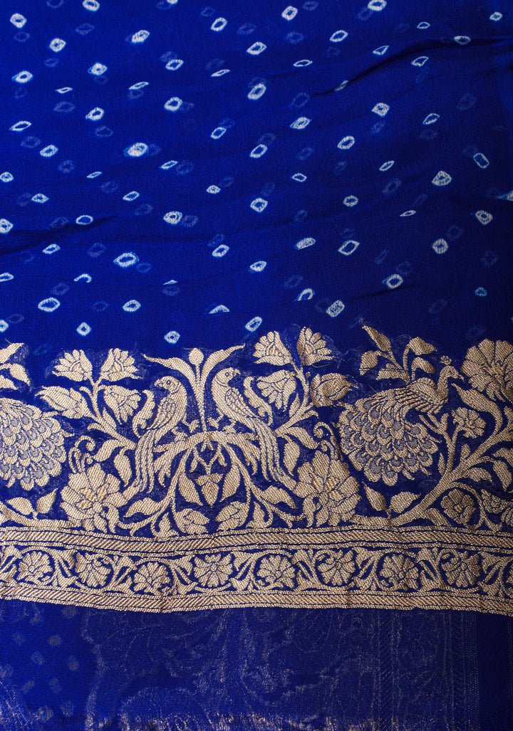 Authentic Hand Bandhej Silk Georgette Saree in Blue with Shikargah Jaal and zari Border| SILK MARK CERTIFIED