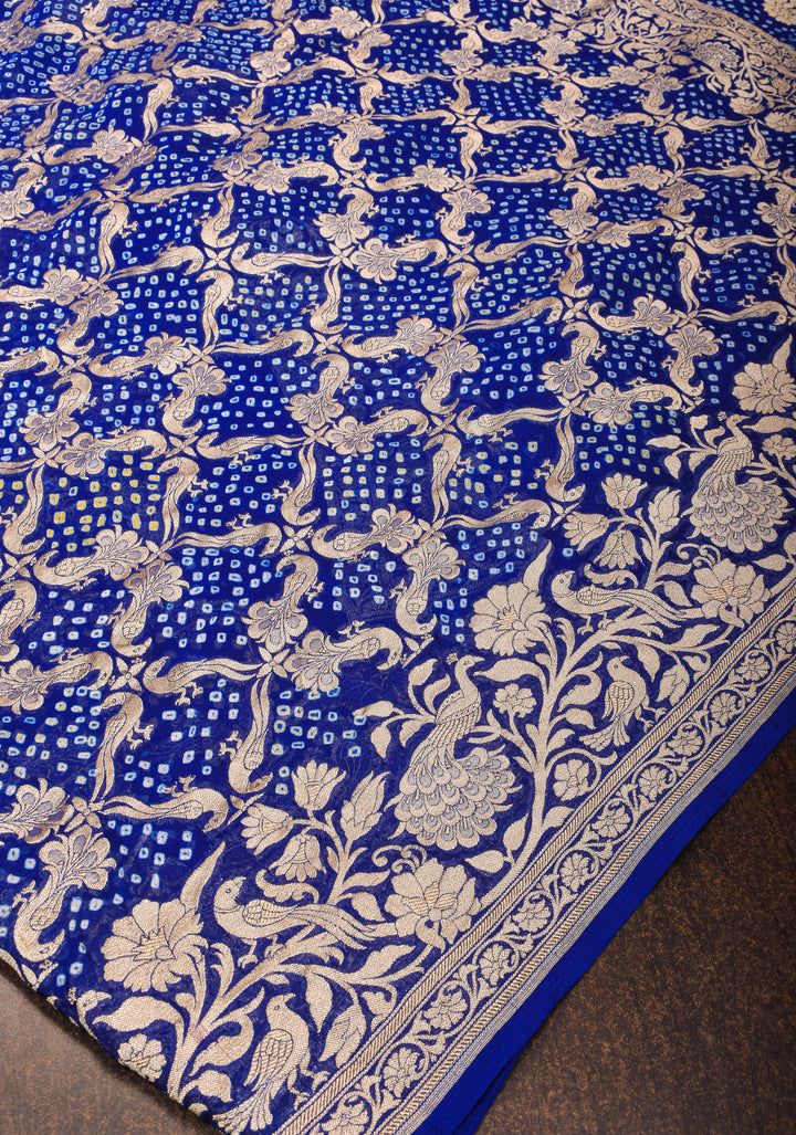 Authentic Hand Bandhej Silk Georgette Saree in Blue with Shikargah Jaal and zari Border| SILK MARK CERTIFIED