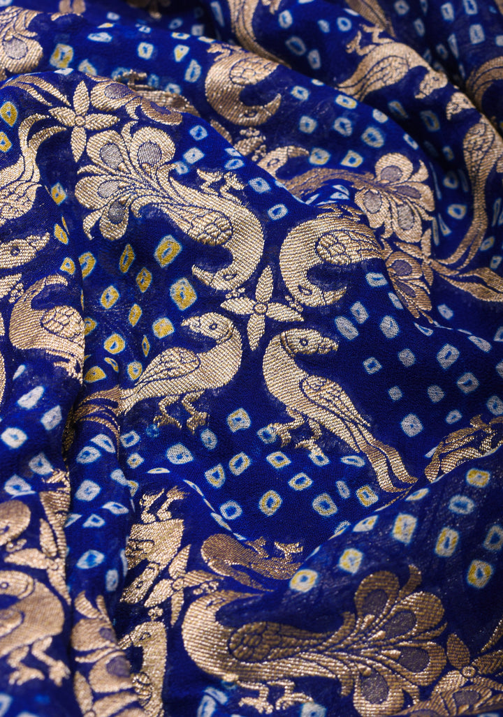 Authentic Hand Bandhej Silk Georgette Saree in Blue with Shikargah Jaal and zari Border| SILK MARK CERTIFIED