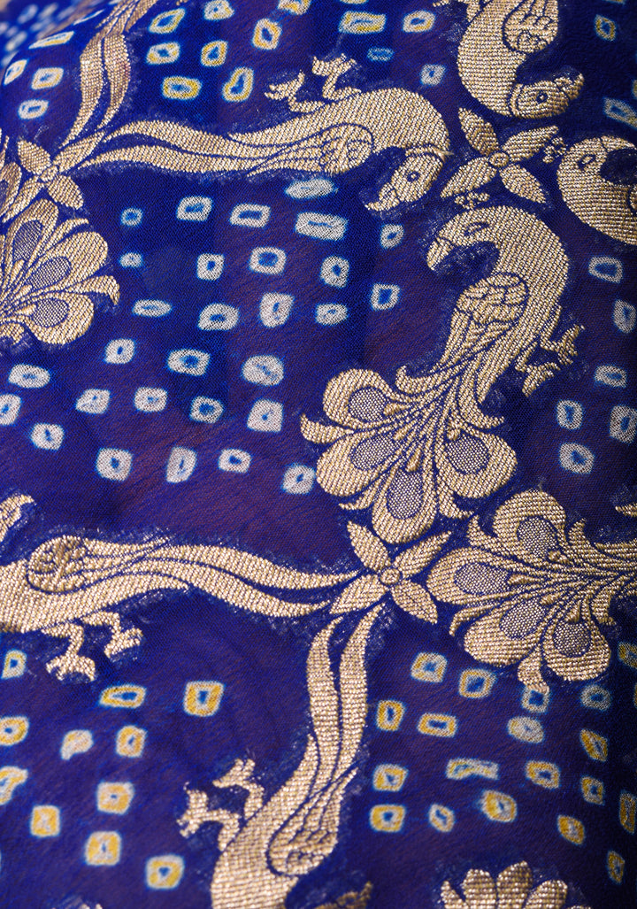 Authentic Hand Bandhej Silk Georgette Saree in Blue with Shikargah Jaal and zari Border| SILK MARK CERTIFIED