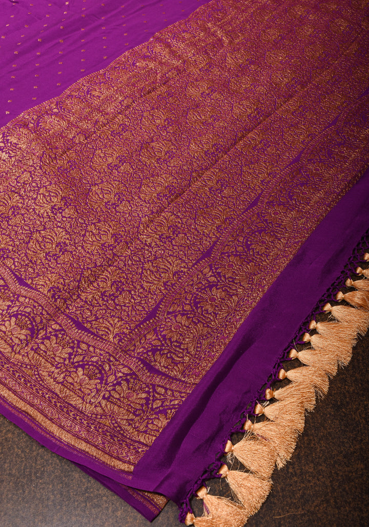Purple Banarasi Pure Georgette Silk saree with Chunri Buttis and Antique Zari Border | SILK MARK CERTIFIED