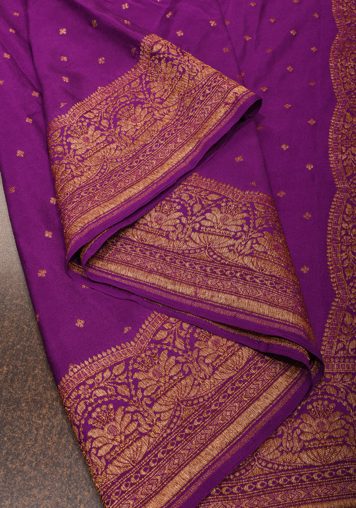 Purple Banarasi Pure Georgette Silk saree with Chunri Buttis and Antique Zari Border | SILK MARK CERTIFIED