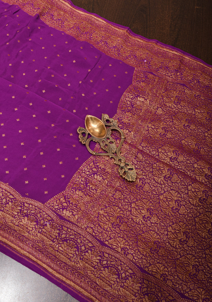 Purple Banarasi Pure Georgette Silk saree with Chunri Buttis and Antique Zari Border | SILK MARK CERTIFIED