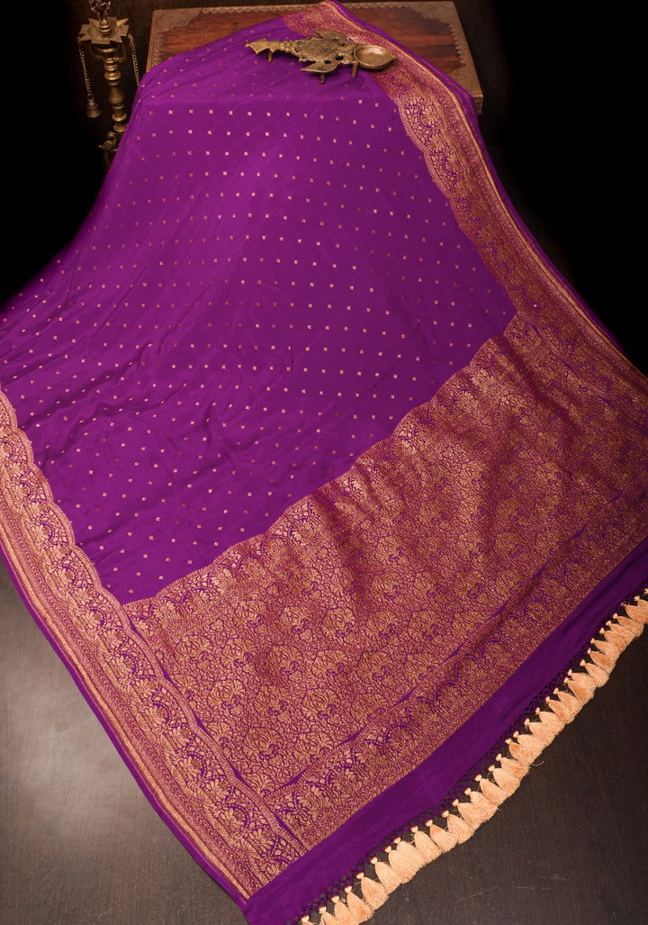 Purple Banarasi Pure Georgette Silk saree with Chunri Buttis and Antique Zari Border | SILK MARK CERTIFIED
