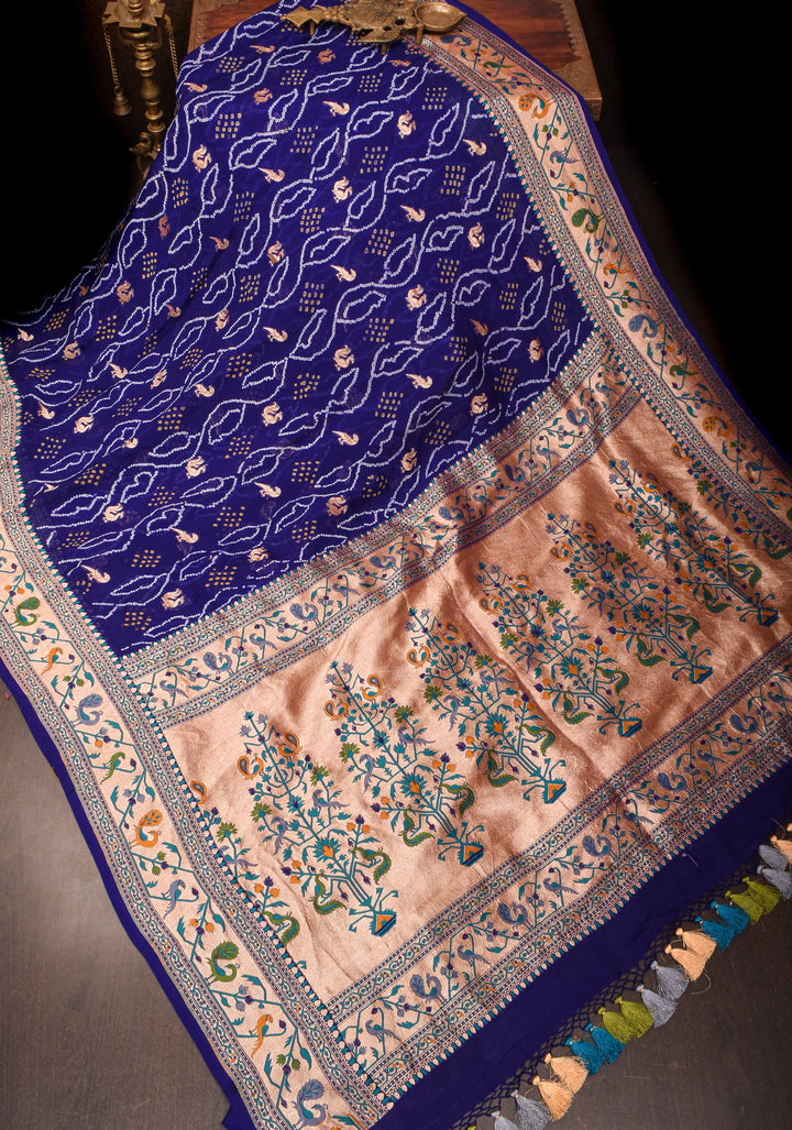 Authentic Bandhej Banarasi Georgette Saree in Cobalt Blue with Paithani Style Borders | SILK MARK CERTIFIED