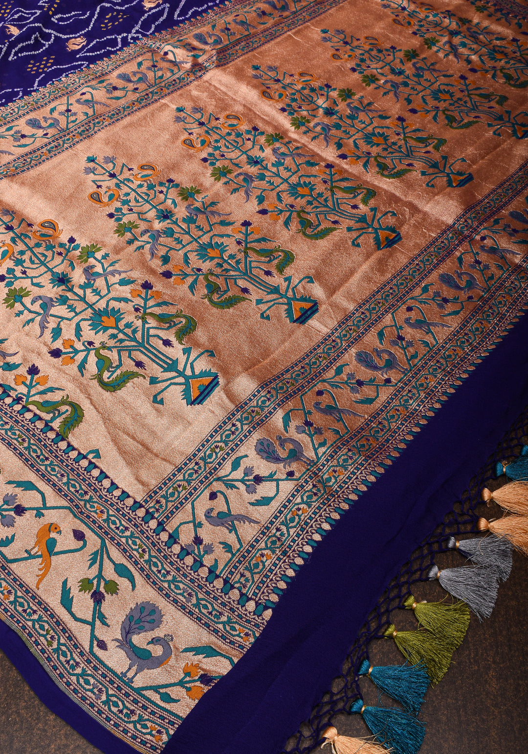 Authentic Bandhej Banarasi Georgette Saree in Cobalt Blue with Paithani Style Borders | SILK MARK CERTIFIED