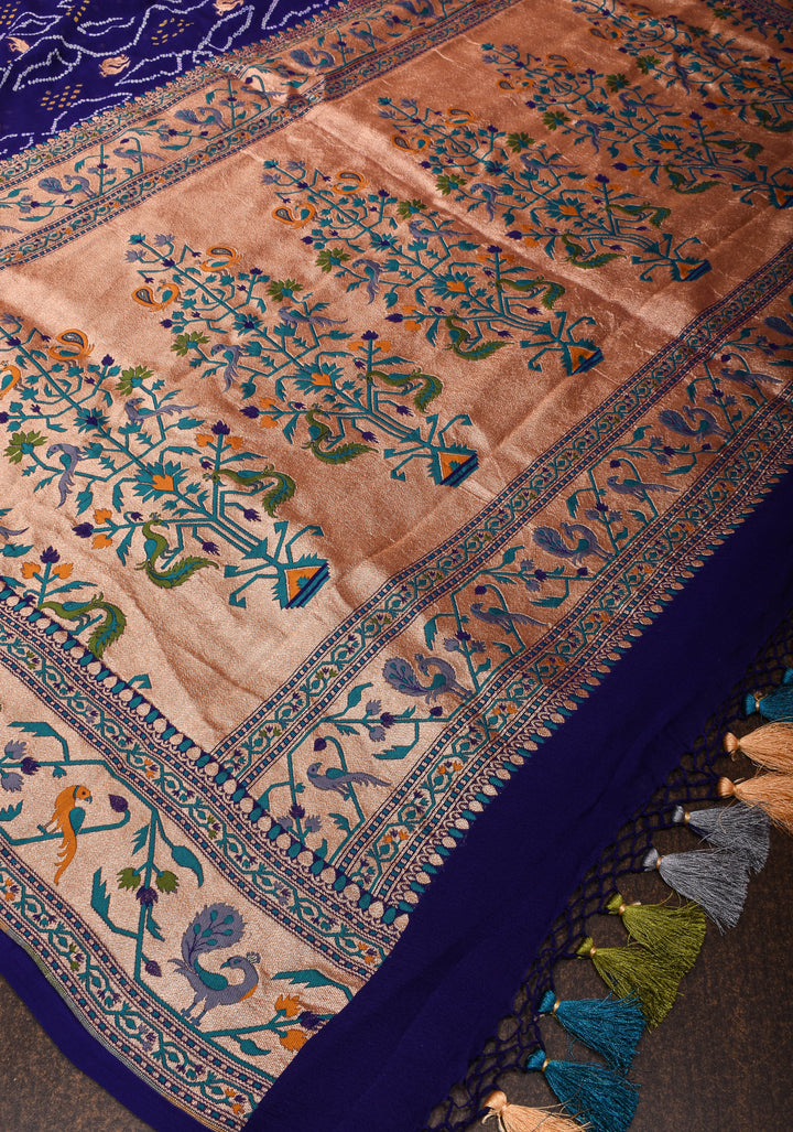 Authentic Bandhej Banarasi Georgette Saree in Cobalt Blue with Paithani Style Borders | SILK MARK CERTIFIED