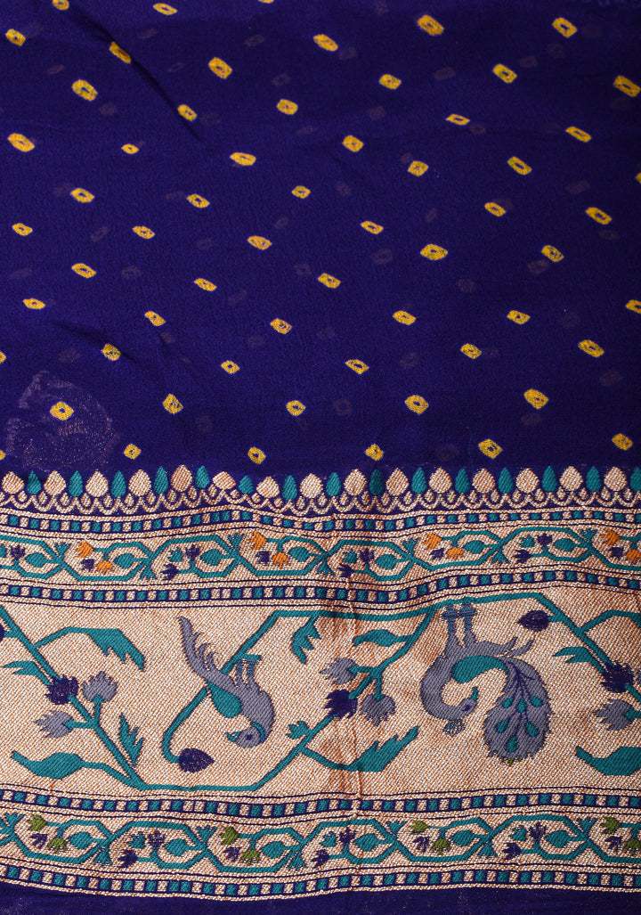 Authentic Bandhej Banarasi Georgette Saree in Cobalt Blue with Paithani Style Borders | SILK MARK CERTIFIED