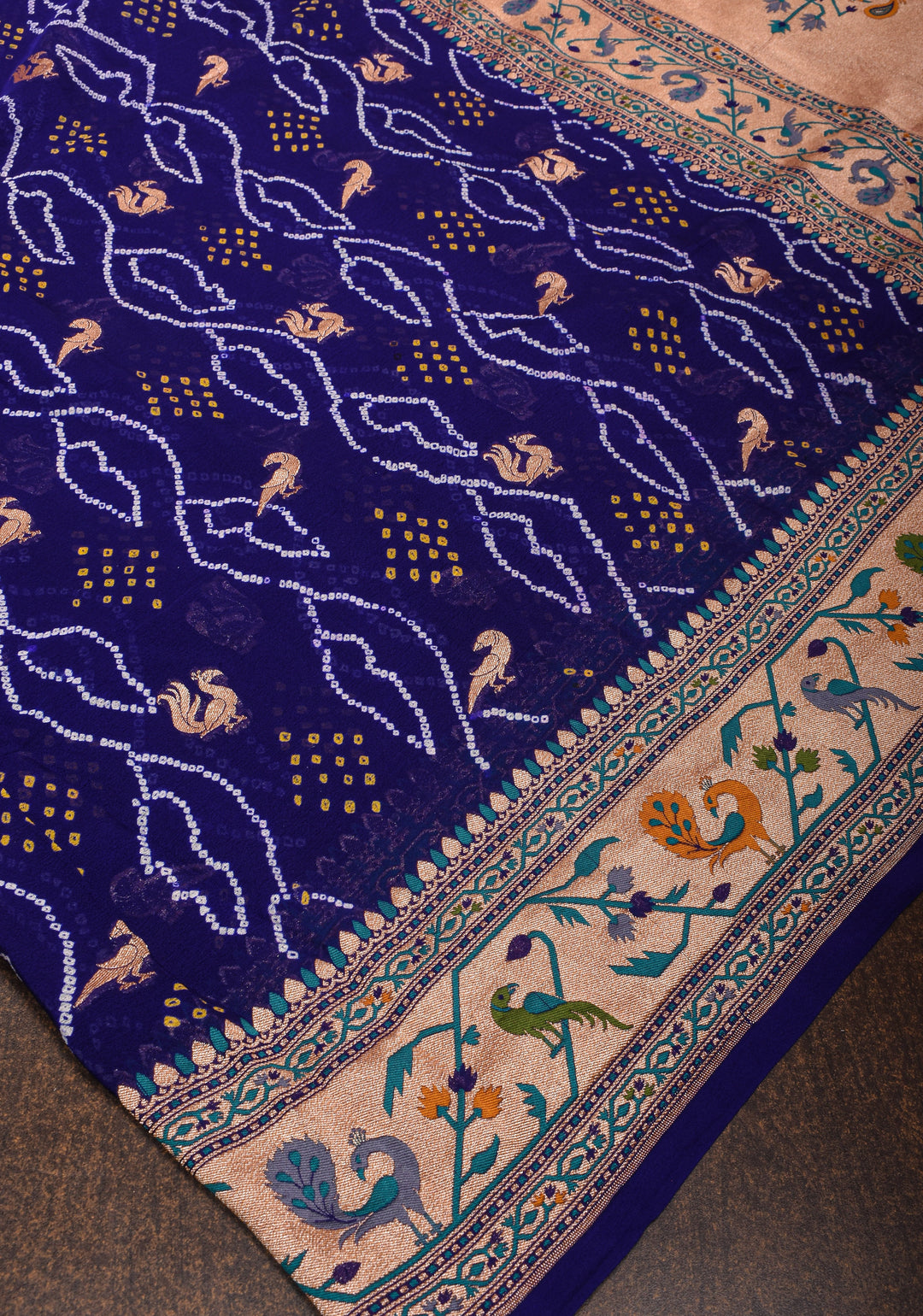 Authentic Bandhej Banarasi Georgette Saree in Cobalt Blue with Paithani Style Borders | SILK MARK CERTIFIED