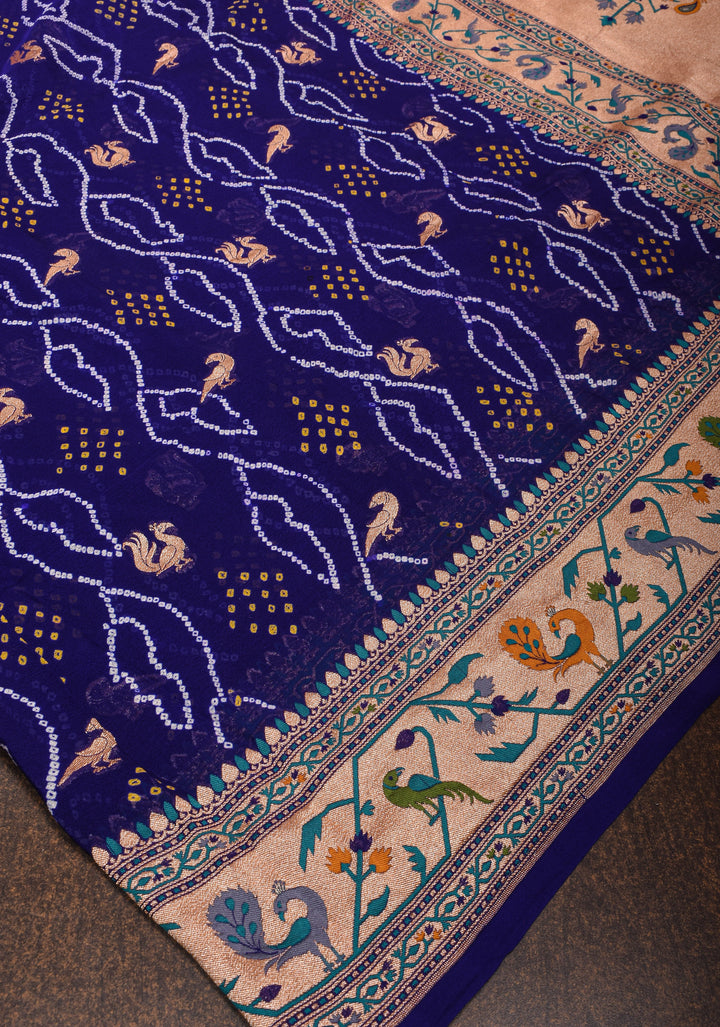 Authentic Bandhej Banarasi Georgette Saree in Cobalt Blue with Paithani Style Borders | SILK MARK CERTIFIED