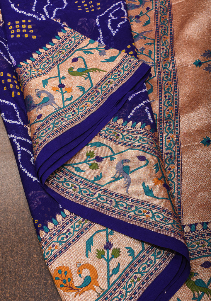 Authentic Bandhej Banarasi Georgette Saree in Cobalt Blue with Paithani Style Borders | SILK MARK CERTIFIED