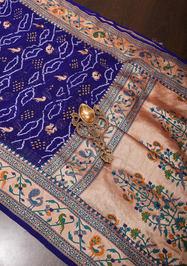 Authentic Bandhej Banarasi Georgette Saree in Cobalt Blue with Paithani Style Borders | SILK MARK CERTIFIED