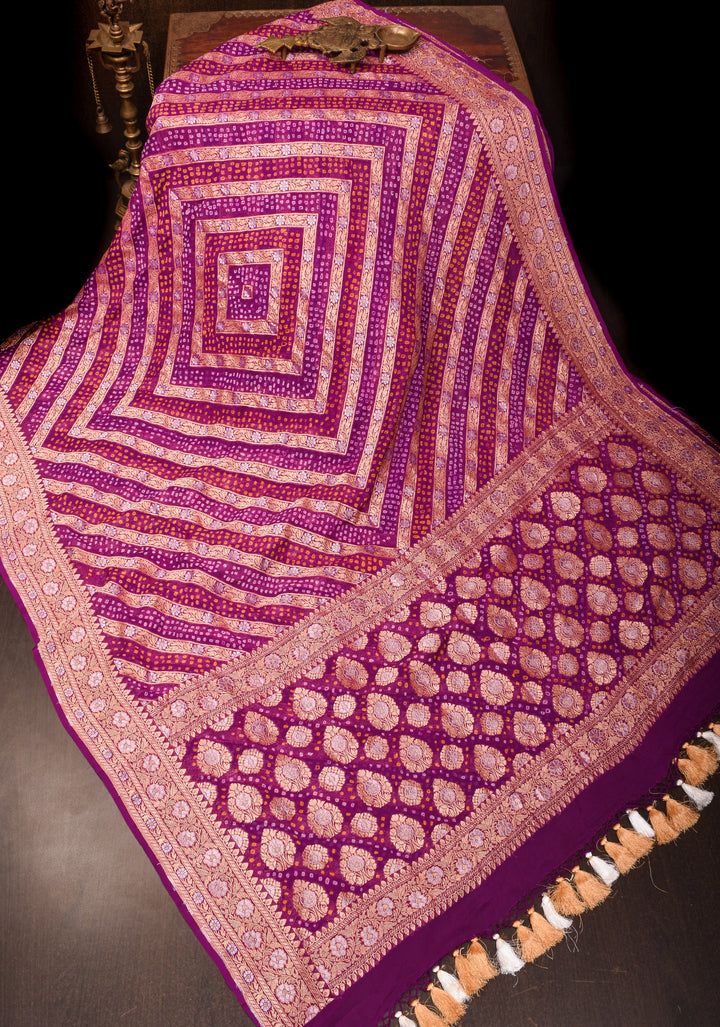 Exquisite Purple Sarkam Bandhej on Pure Silk Banarasi Georgette Saree with Geometric Pattern  | SILK MARK CERTIFIED