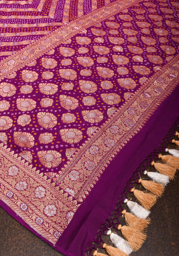 Exquisite Purple Sarkam Bandhej on Pure Silk Banarasi Georgette Saree with Geometric Pattern  | SILK MARK CERTIFIED