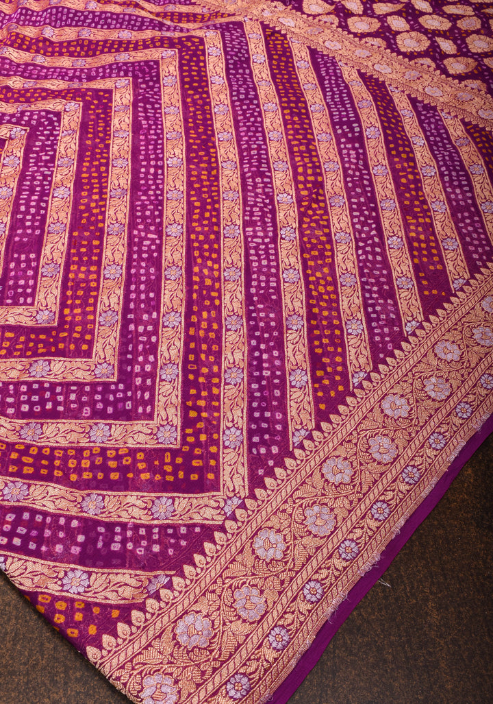 Exquisite Purple Sarkam Bandhej on Pure Silk Banarasi Georgette Saree with Geometric Pattern  | SILK MARK CERTIFIED