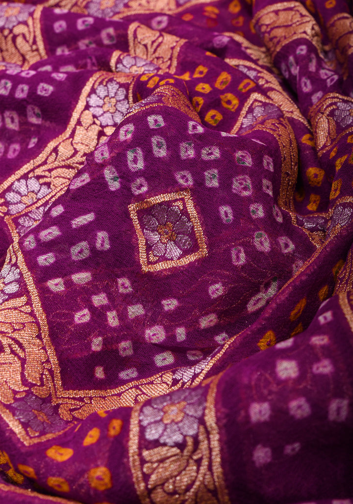 Exquisite Purple Sarkam Bandhej on Pure Silk Banarasi Georgette Saree with Geometric Pattern  | SILK MARK CERTIFIED