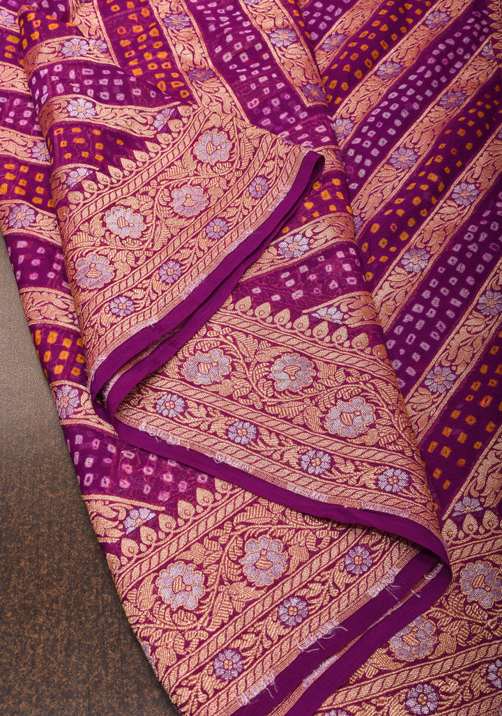 Exquisite Purple Sarkam Bandhej on Pure Silk Banarasi Georgette Saree with Geometric Pattern  | SILK MARK CERTIFIED