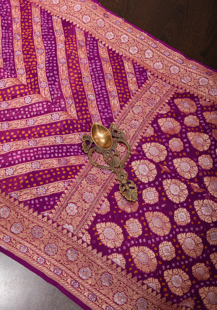 Exquisite Purple Sarkam Bandhej on Pure Silk Banarasi Georgette Saree with Geometric Pattern  | SILK MARK CERTIFIED