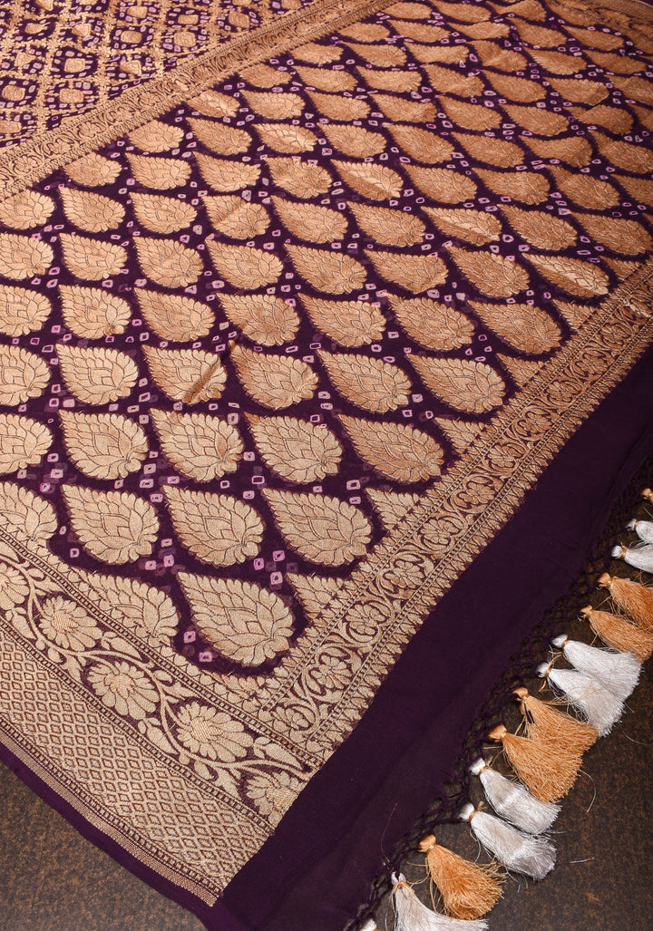 Brown Black Ombre Sarkam Bandhej on Banarasi Silk Georgette Saree | SILK MARK CERTIFIED