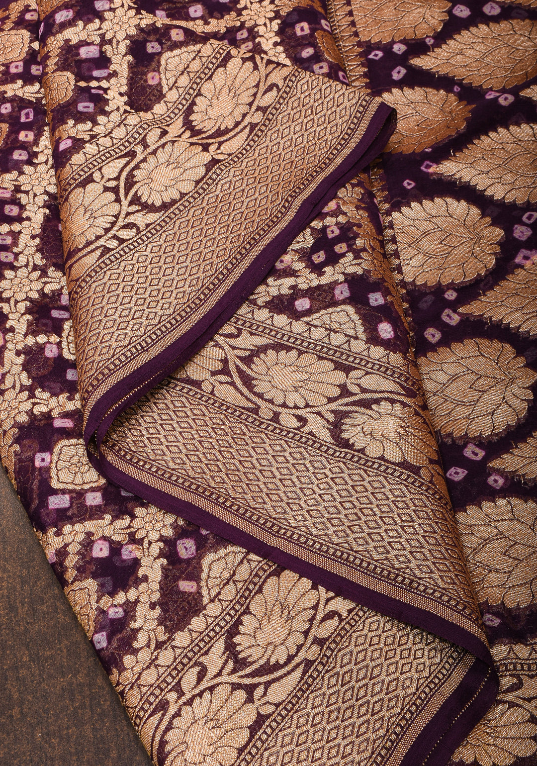 Brown Black Ombre Sarkam Bandhej on Banarasi Silk Georgette Saree | SILK MARK CERTIFIED