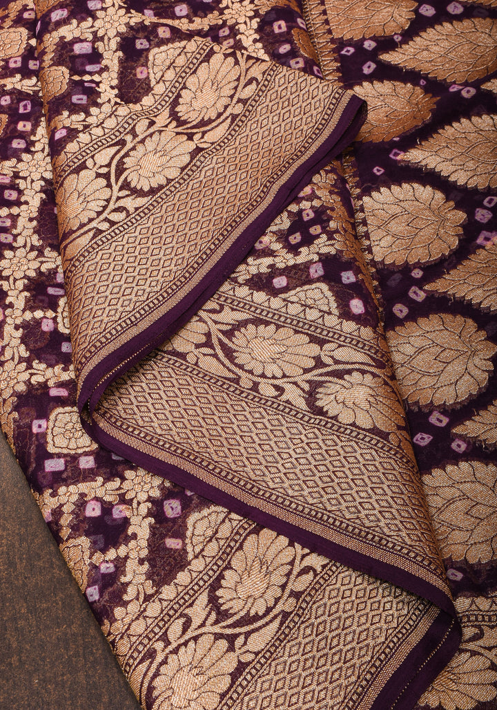 Brown Black Ombre Sarkam Bandhej on Banarasi Silk Georgette Saree | SILK MARK CERTIFIED