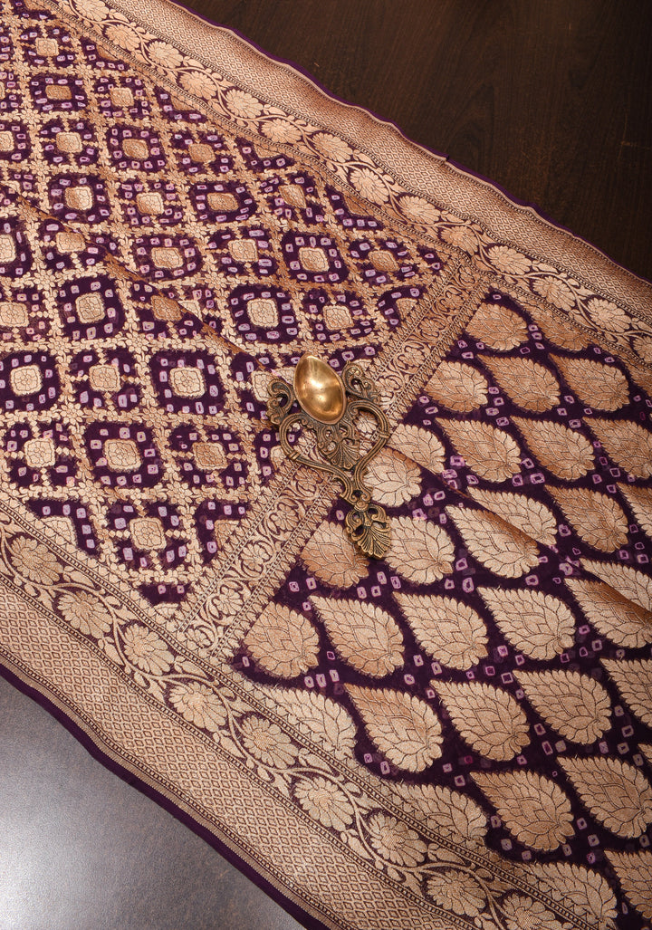 Brown Black Ombre Sarkam Bandhej on Banarasi Silk Georgette Saree | SILK MARK CERTIFIED