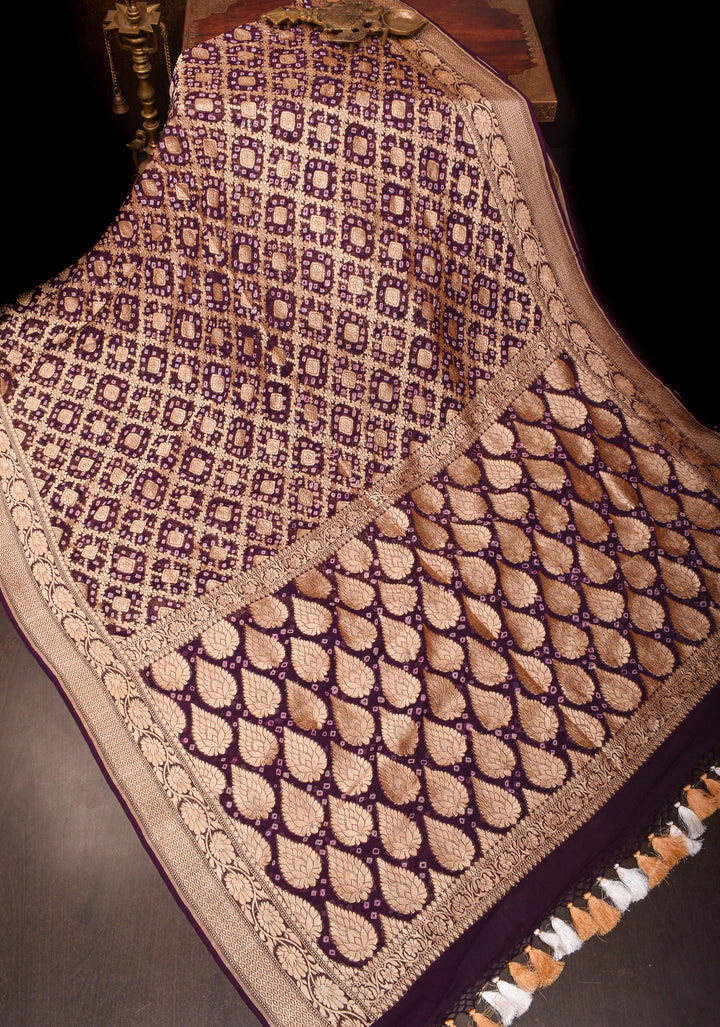 Brown Black Ombre Sarkam Bandhej on Banarasi Silk Georgette Saree | SILK MARK CERTIFIED