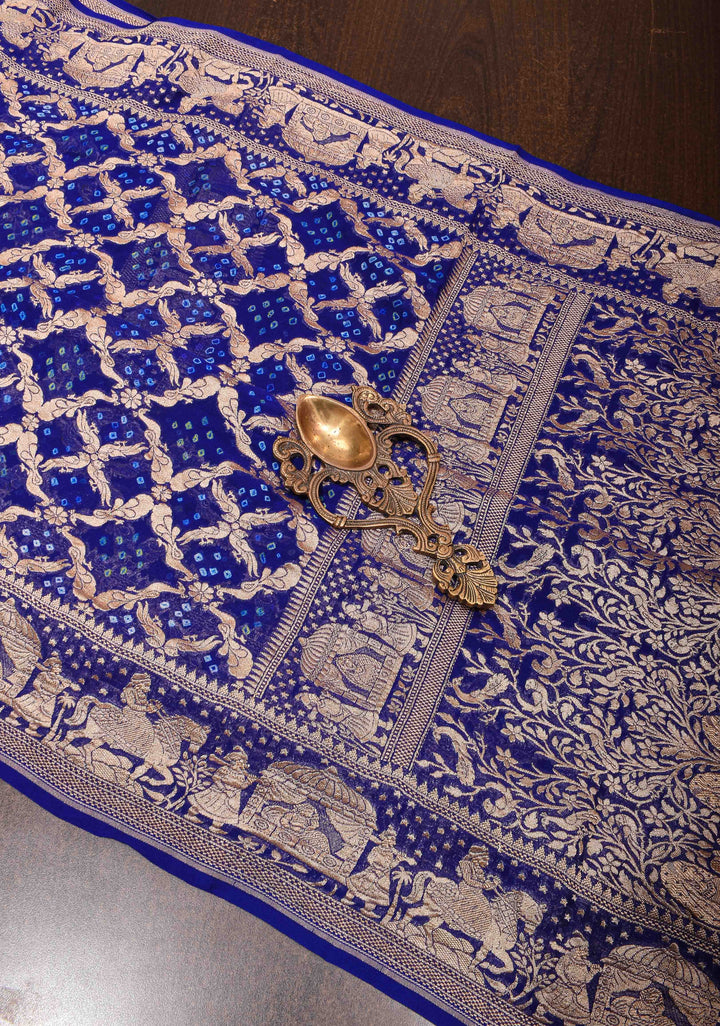 Navy Blue Bandhej on Shikaargah Jaal Pure Silk Georgette Banarasi Saree with Royal Procession | SILK MARK CERTIFIED