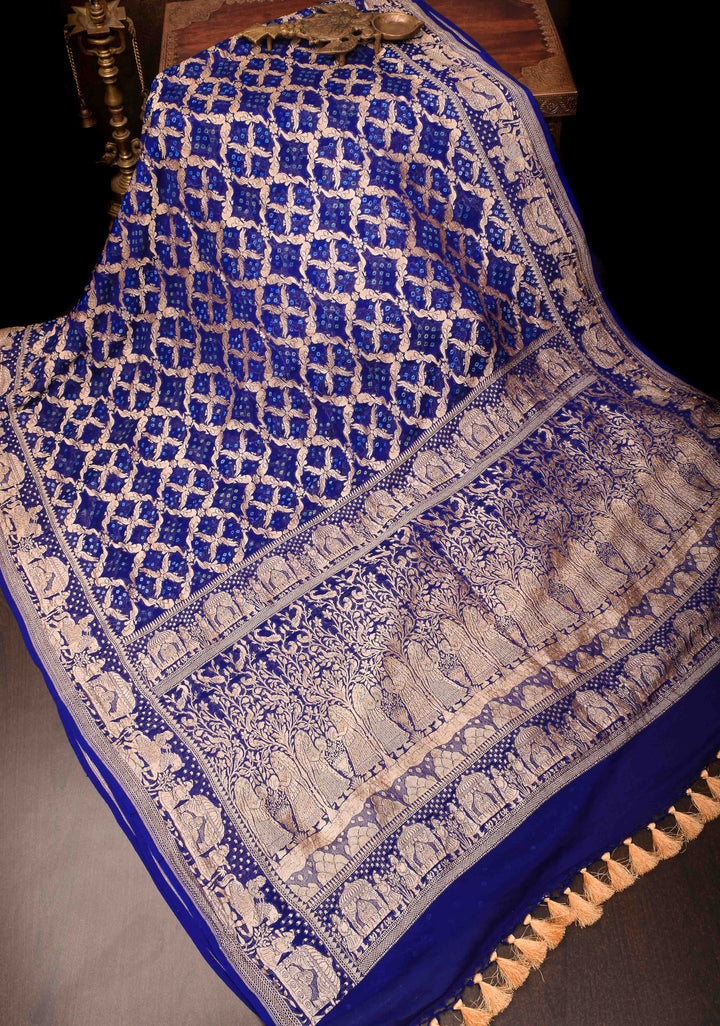 Navy Blue Bandhej on Shikaargah Jaal Pure Silk Georgette Banarasi Saree with Royal Procession | SILK MARK CERTIFIED