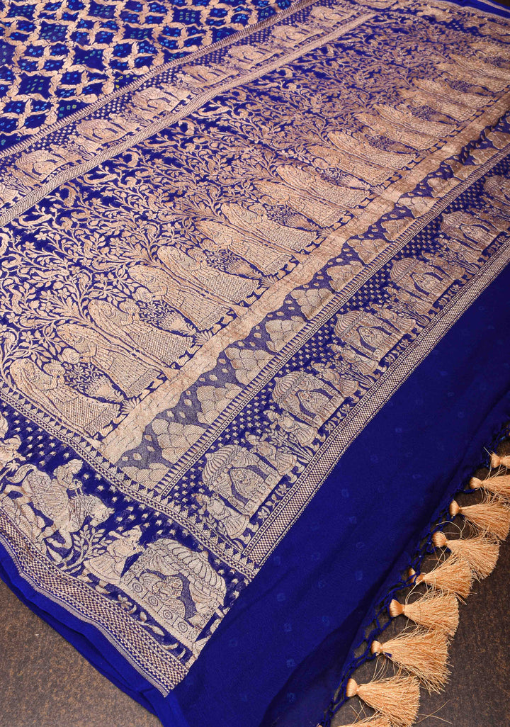 Navy Blue Bandhej on Shikaargah Jaal Pure Silk Georgette Banarasi Saree with Royal Procession | SILK MARK CERTIFIED