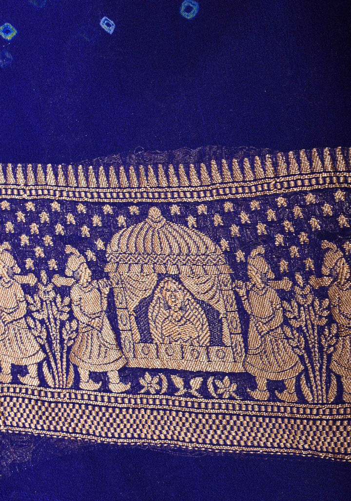 Navy Blue Bandhej on Shikaargah Jaal Pure Silk Georgette Banarasi Saree with Royal Procession | SILK MARK CERTIFIED