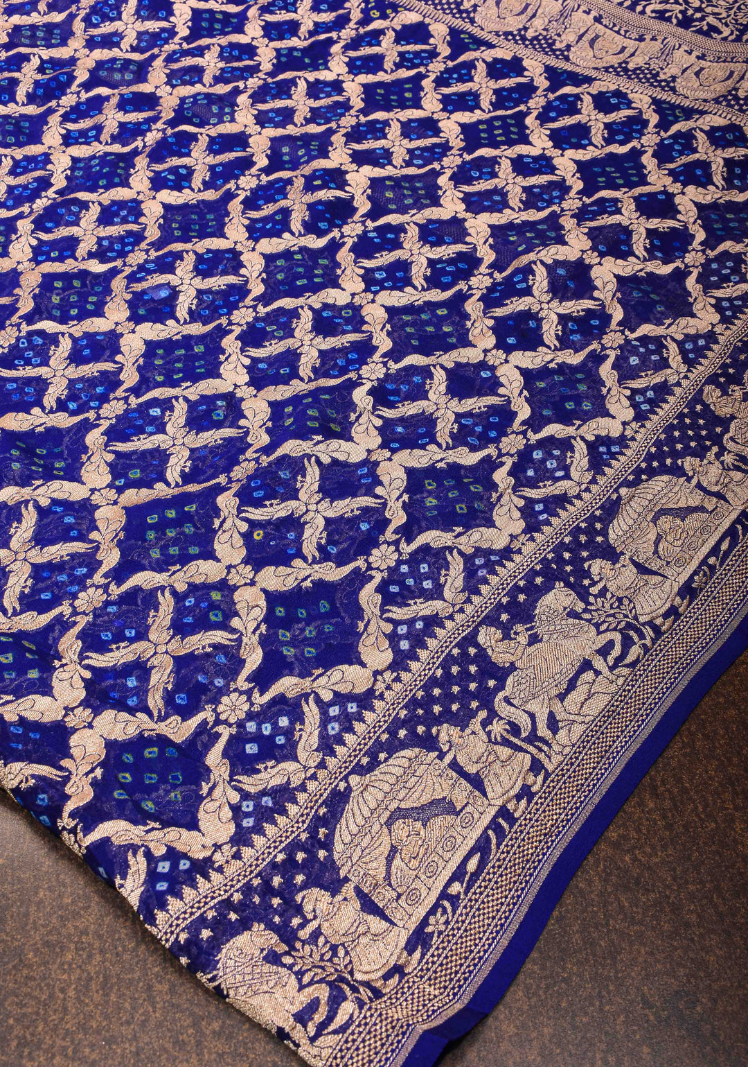 Navy Blue Bandhej on Shikaargah Jaal Pure Silk Georgette Banarasi Saree with Royal Procession | SILK MARK CERTIFIED