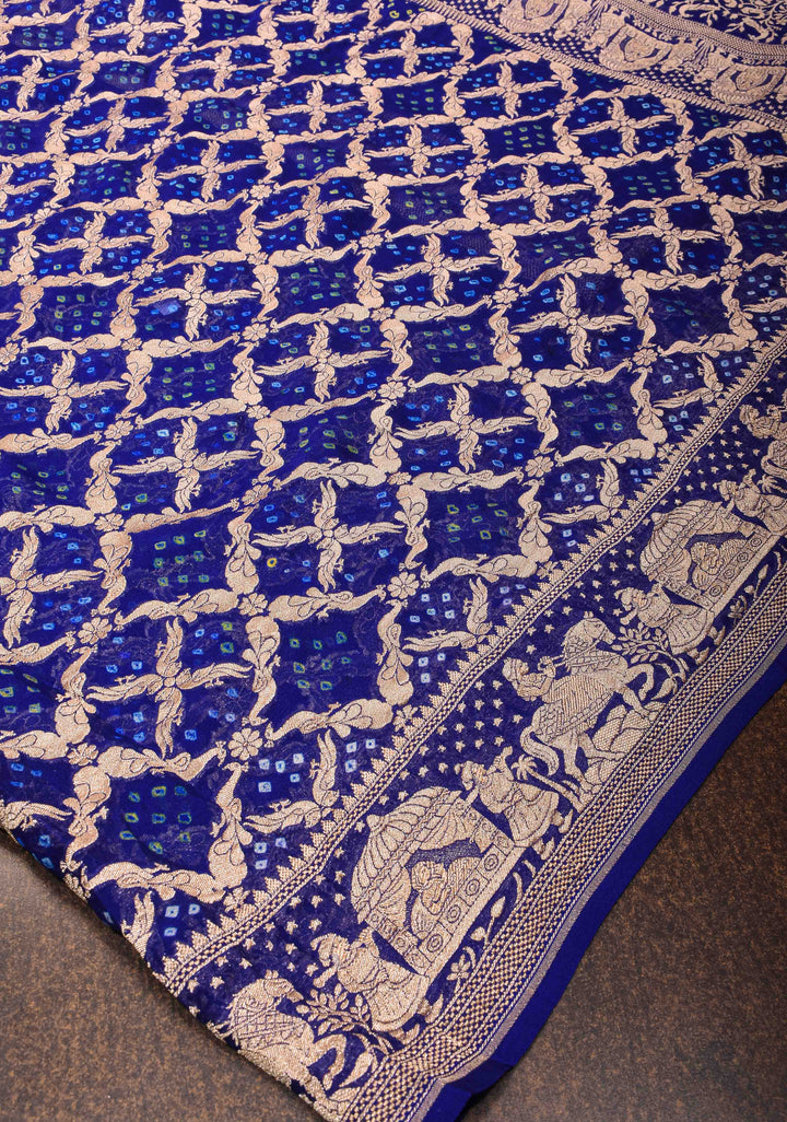 Navy Blue Bandhej on Shikaargah Jaal Pure Silk Georgette Banarasi Saree with Royal Procession | SILK MARK CERTIFIED