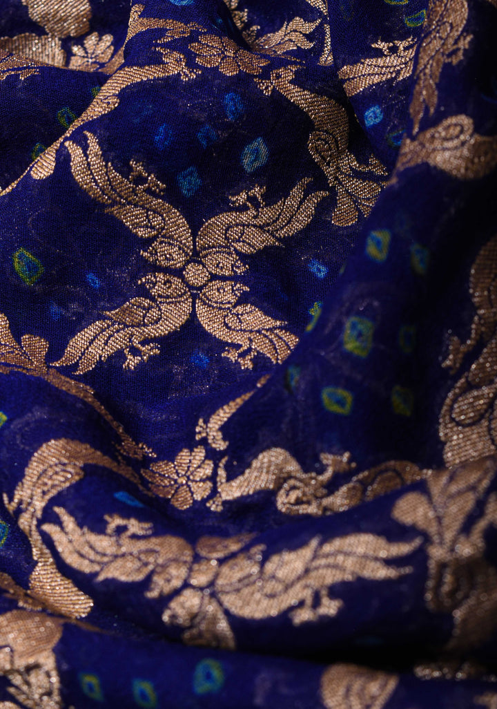 Navy Blue Bandhej on Shikaargah Jaal Pure Silk Georgette Banarasi Saree with Royal Procession | SILK MARK CERTIFIED