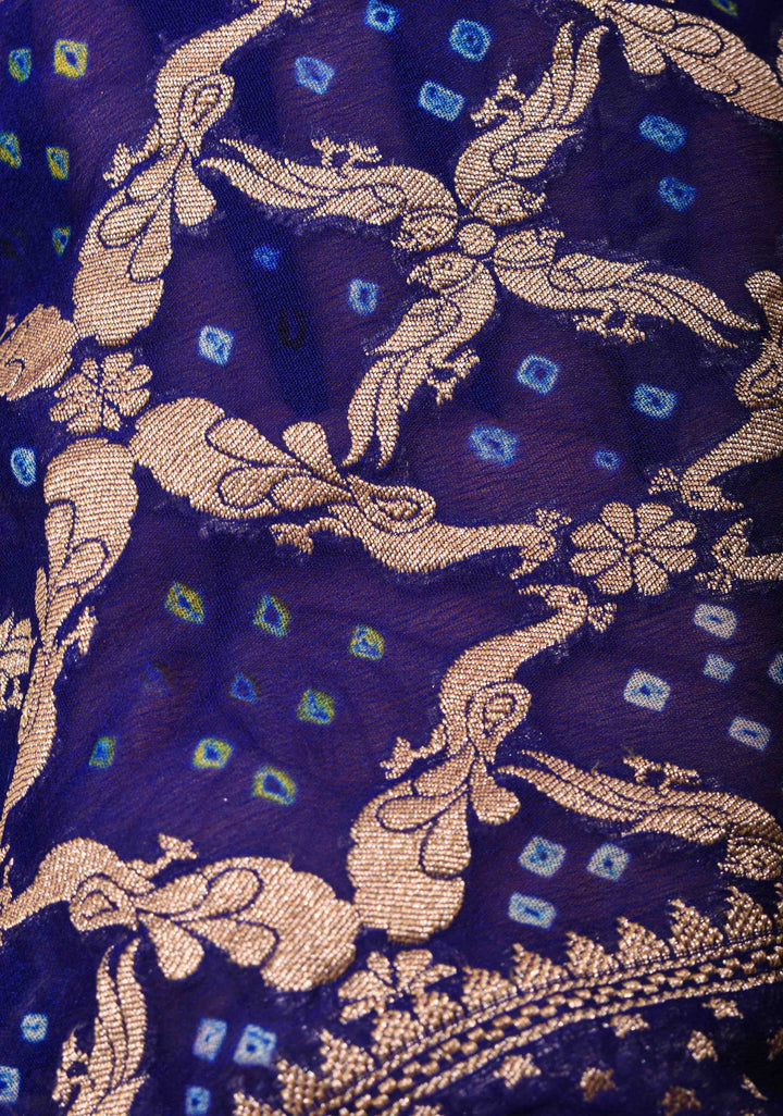 Navy Blue Bandhej on Shikaargah Jaal Pure Silk Georgette Banarasi Saree with Royal Procession | SILK MARK CERTIFIED