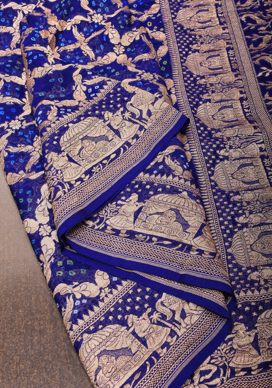 Navy Blue Bandhej on Shikaargah Jaal Pure Silk Georgette Banarasi Saree with Royal Procession | SILK MARK CERTIFIED