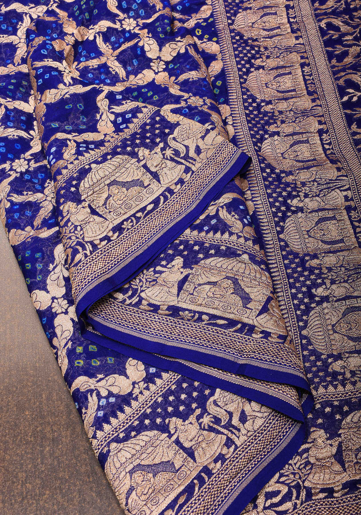 Navy Blue Bandhej on Shikaargah Jaal Pure Silk Georgette Banarasi Saree with Royal Procession | SILK MARK CERTIFIED