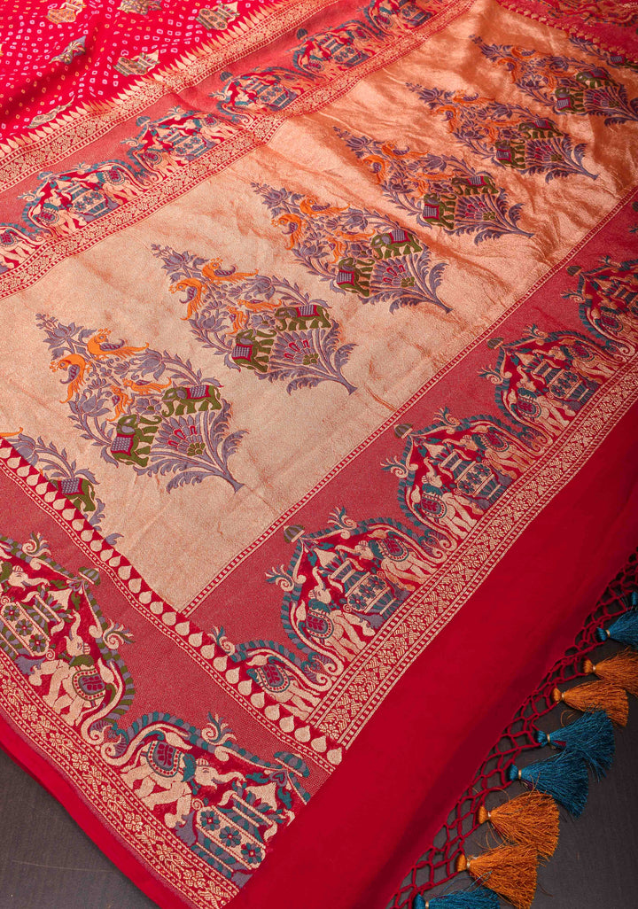 Authentic Bandhej Meenakari  Banarasi Silk Georgette Saree in Red with Paithani Style Border and Pallu | SILK MARKED CERTIFIED | SHOBITAM