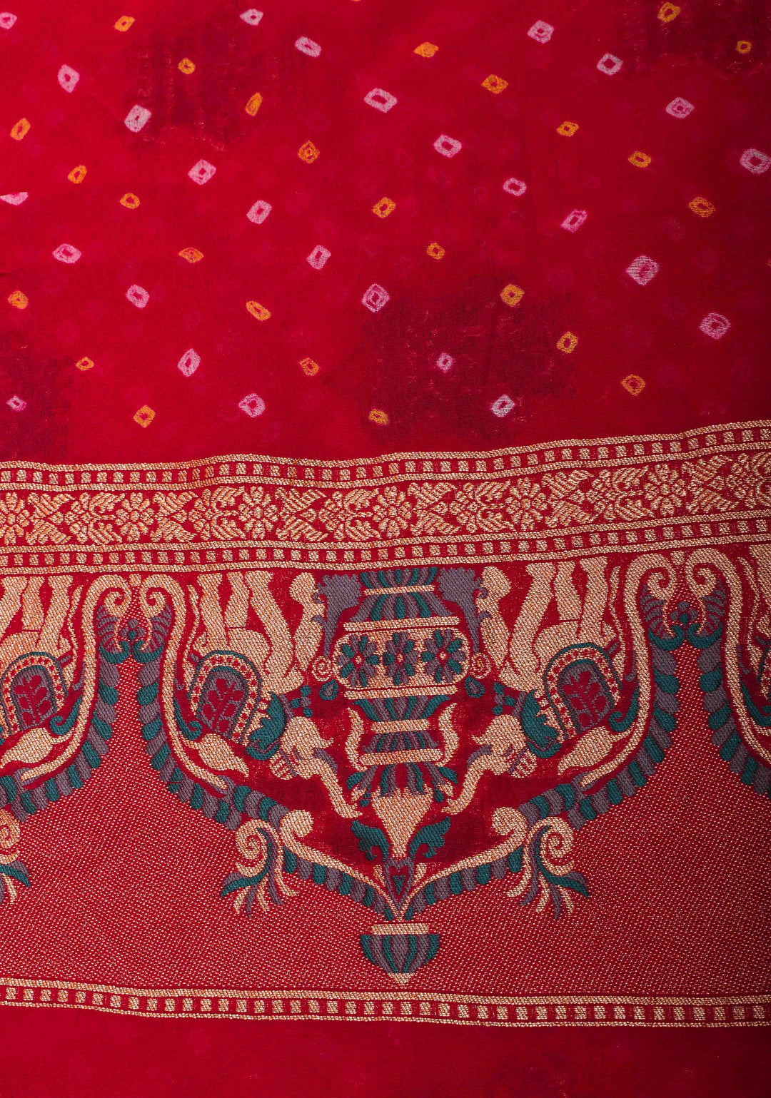 Authentic Bandhej Meenakari  Banarasi Silk Georgette Saree in Red with Paithani Style Border and Pallu | SILK MARKED CERTIFIED | SHOBITAM
