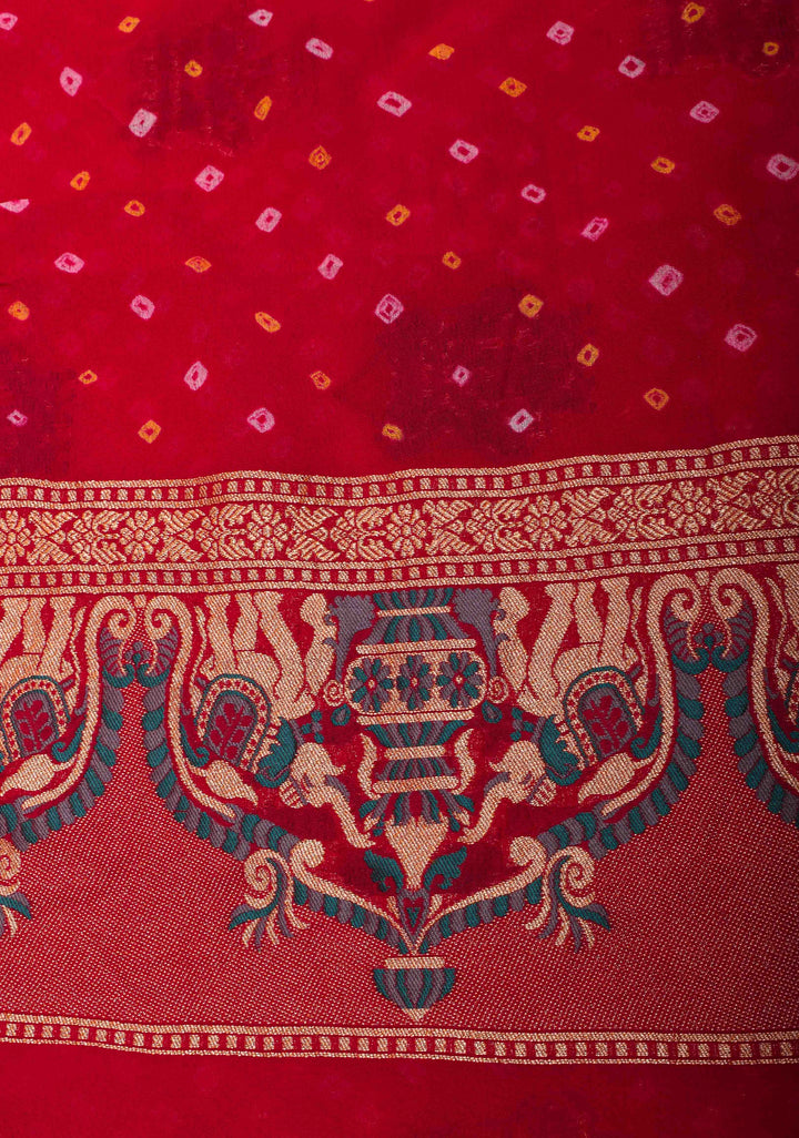 Authentic Bandhej Meenakari  Banarasi Silk Georgette Saree in Red with Paithani Style Border and Pallu | SILK MARKED CERTIFIED | SHOBITAM