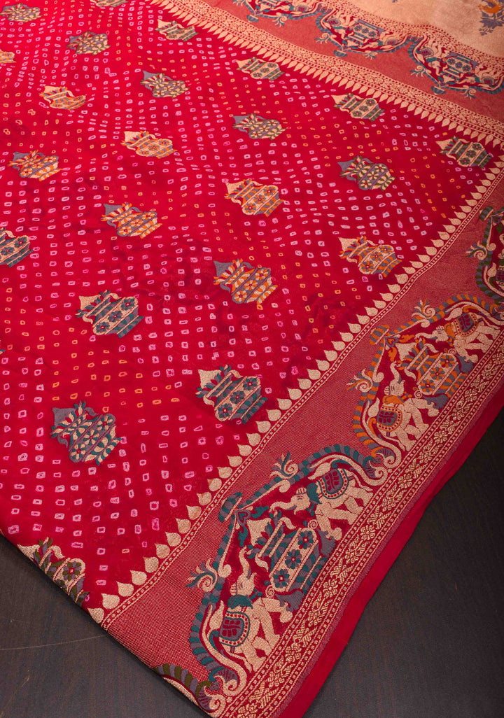 Authentic Bandhej Meenakari  Banarasi Silk Georgette Saree in Red with Paithani Style Border and Pallu | SILK MARKED CERTIFIED | SHOBITAM