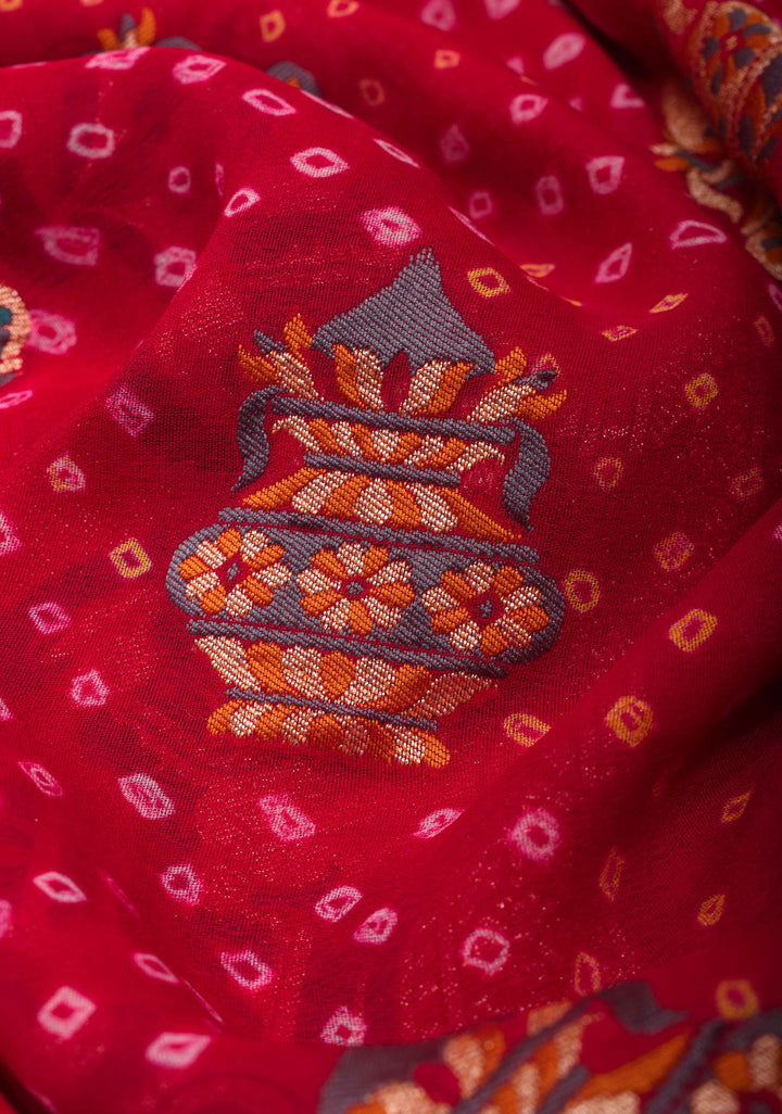 Authentic Bandhej Meenakari  Banarasi Silk Georgette Saree in Red with Paithani Style Border and Pallu | SILK MARKED CERTIFIED | SHOBITAM