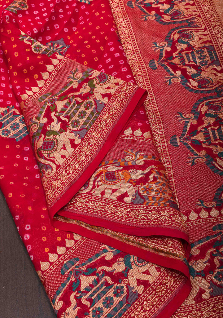 Authentic Bandhej Meenakari  Banarasi Silk Georgette Saree in Red with Paithani Style Border and Pallu | SILK MARKED CERTIFIED | SHOBITAM