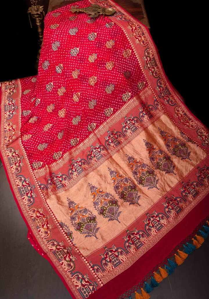 Authentic Bandhej Meenakari  Banarasi Silk Georgette Saree in Red with Paithani Style Border and Pallu | SILK MARKED CERTIFIED | SHOBITAM