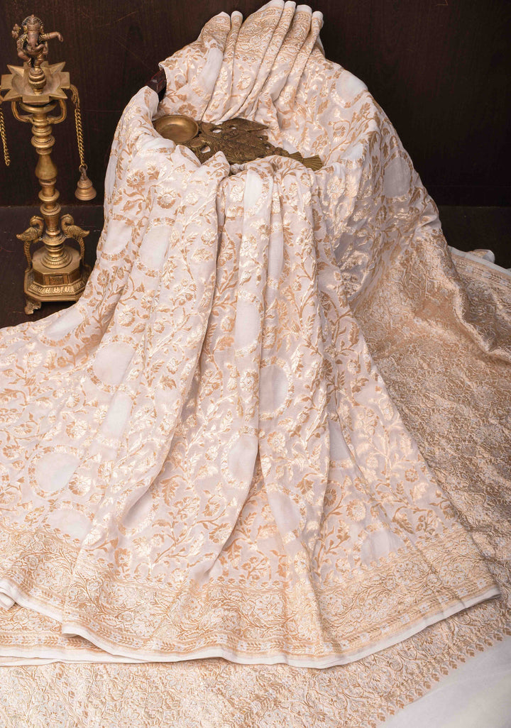 Preorder : White Banarasi Silk Georgette Saree with Alfi Zari Jaal and Zari Border | SILK MARK CERTIFIED
